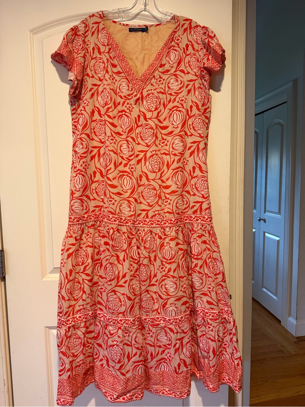 La Plage Floral V-Neck Cotton Dress in Coral